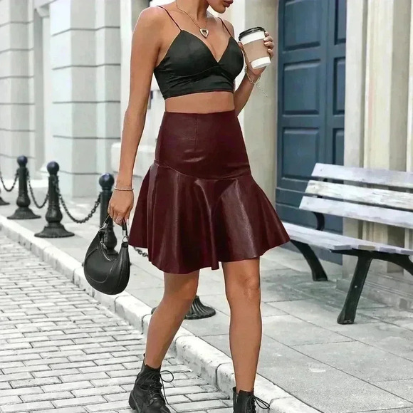 Burgundy Casual Women's Fashion Faux Leather Ruffle Hem Skirt - Picture 3 of 7